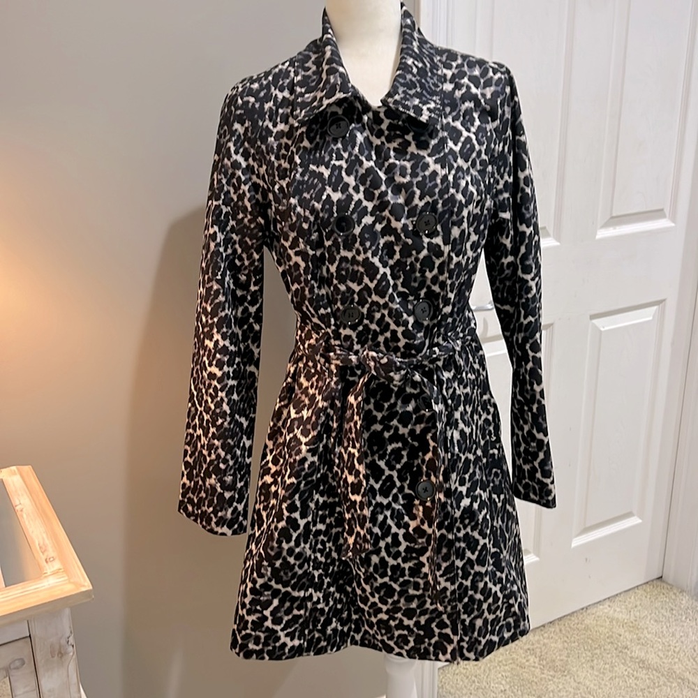 Merona Black and Cream Leopard-Print Belted Trench Coat